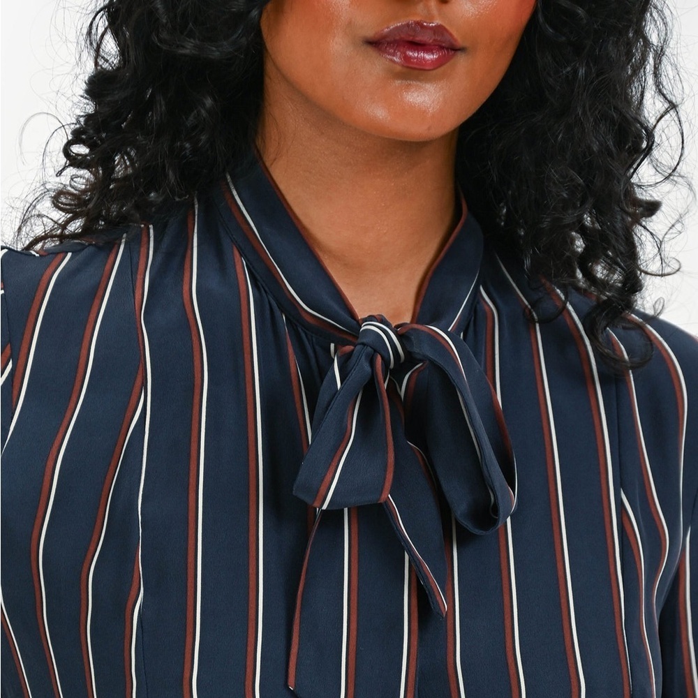 Frame Navy Blue Striped Silk Tie Neck Long Sleeve Midi Shirt Dress - Medium - Picture 4 of 8